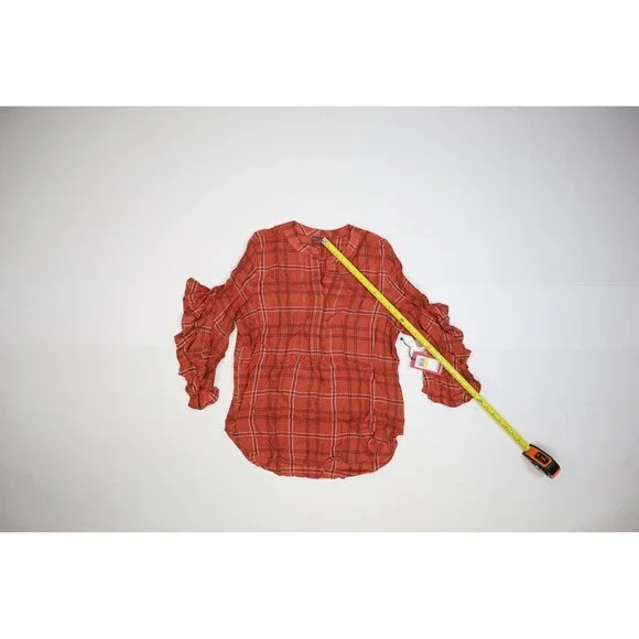 Vince Camuto Blouse Womens Medium Red Plaid Ruffle Sleeve Mood Indigo Apple Top - Picture 4 of 11